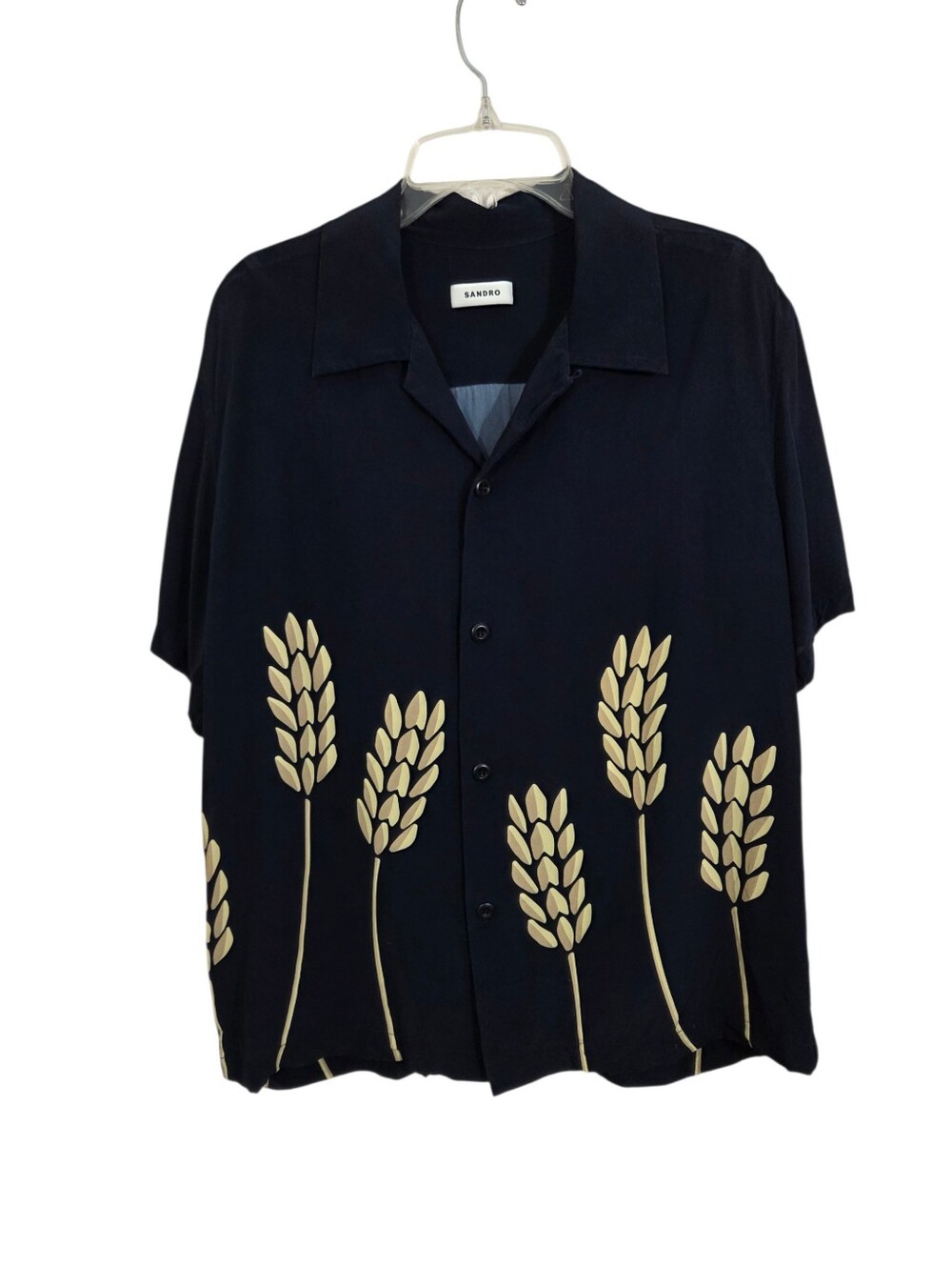 Sandro Paris Men's Wheat Print Short Sleeve Camp Shirt Casual Button Up Large